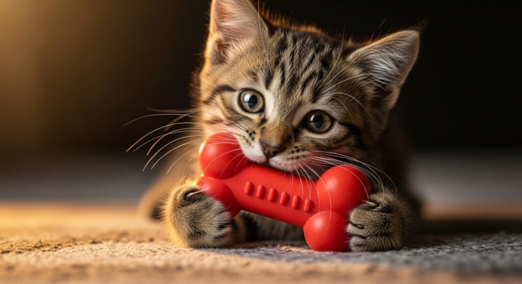 anak kucing menggigit mainan untuk gusi